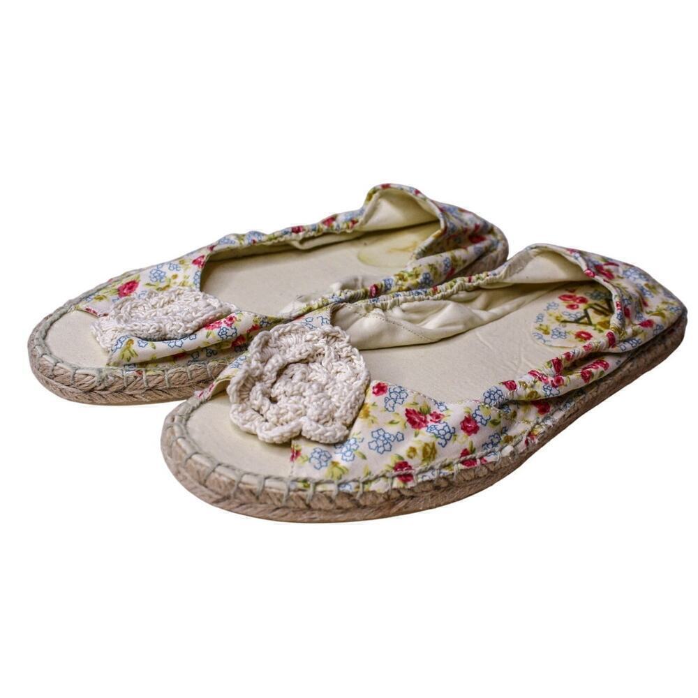MIA Olivia Floral Fabric Peep Toe Flats Raffia Cottage Feminine Spring